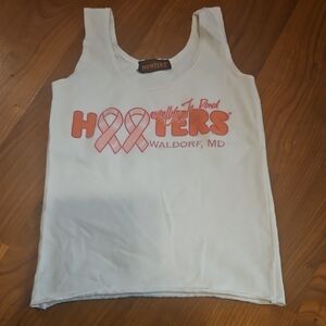 White Hooters Tank Top with Pink Ribbon